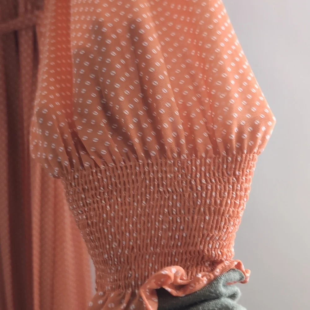 MELLO DAY Women's Orange Half Button Dotted Dress With Belt Size Large